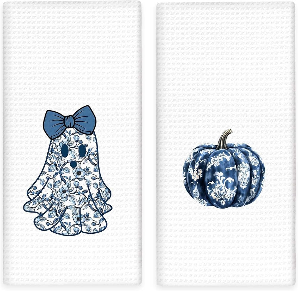 Chinoiserie Fall Ghost Pumpkin Kitchen Towels Set of 2, Blue and White Porcelain Decor Dish Towel... | Amazon (US)