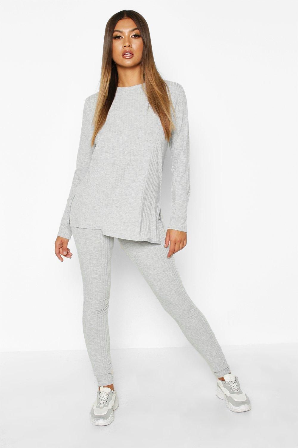 Womens Rib Knit Side Split Set - Grey - 8 | Boohoo.com (US & CA)