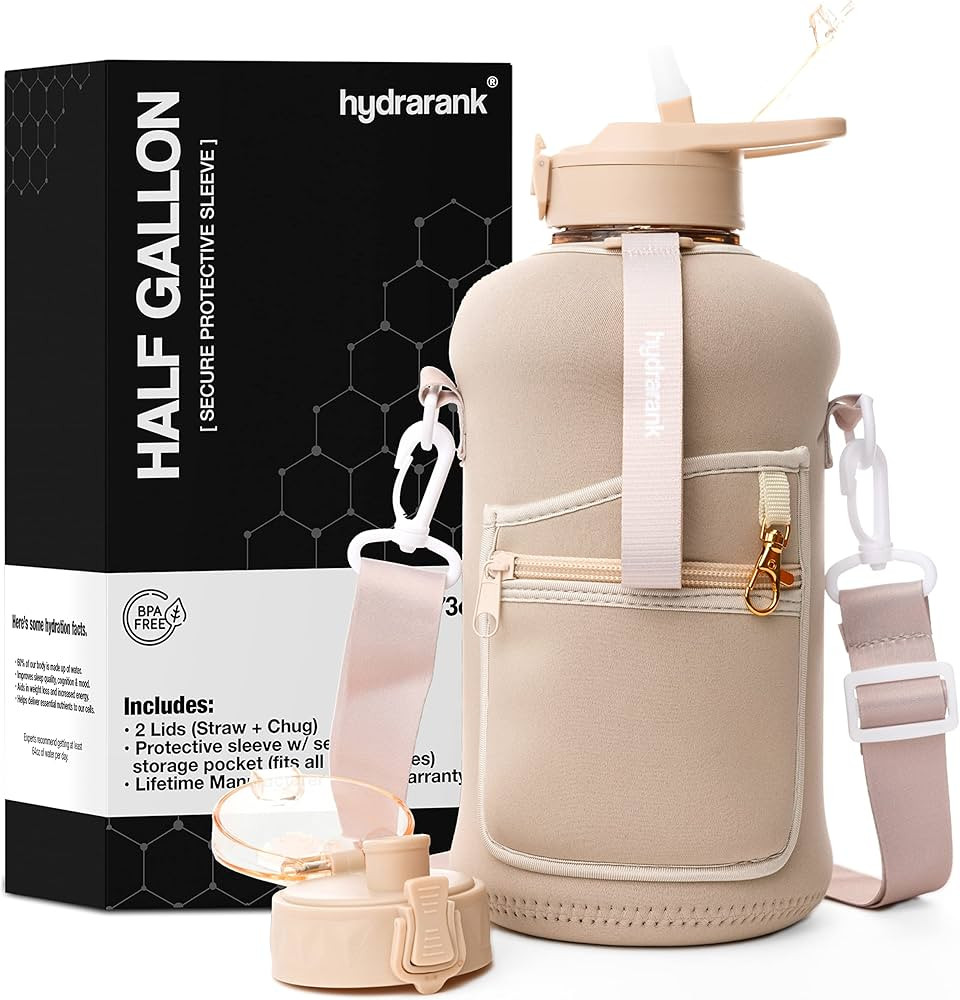 HYDRARANK Half Gallon Water Bottle with Storage Sleeve and Straw Lid - 2.2 Liter Large Water Bott... | Amazon (US)