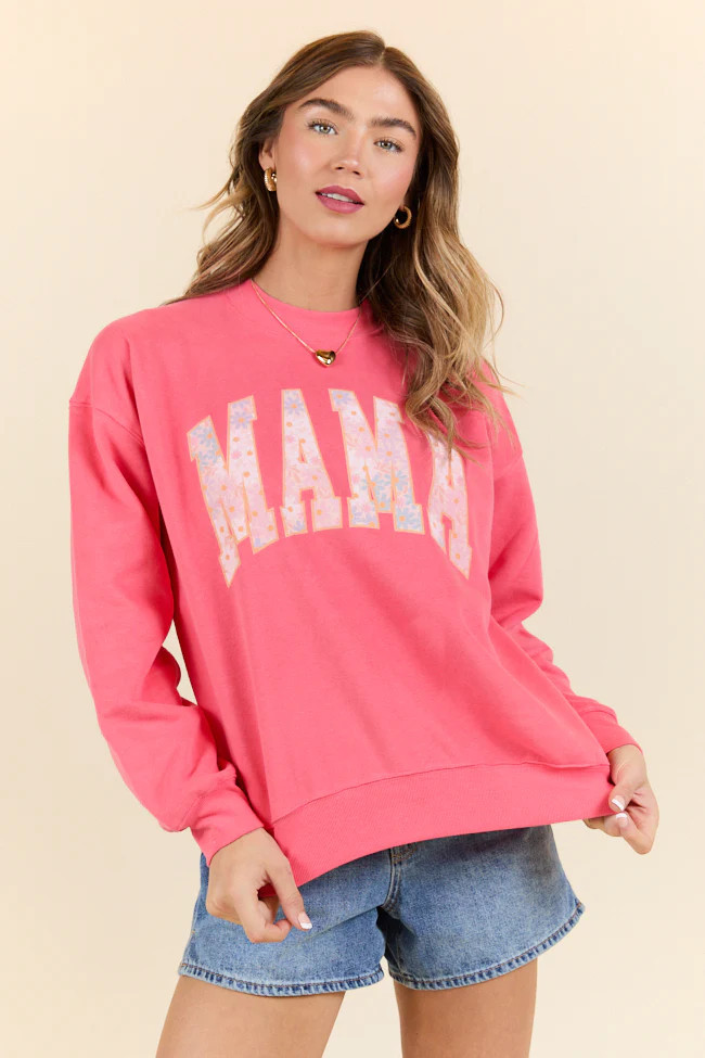 Mama Multi Daisy Print Light Red Graphic Sweatshirt SALE | Pink Lily