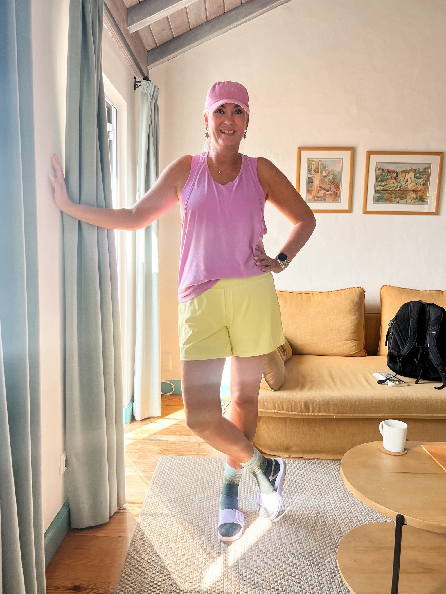 Ootd - Tuesday. Ready for another hike wearing butter yellow Halara shorts (L), lilac Nike bra top and racerback top, pink baseball cap (Ale Hop), hiking socks and lilac slides. 



#LTKtravel #LTKfitness #LTKeurope