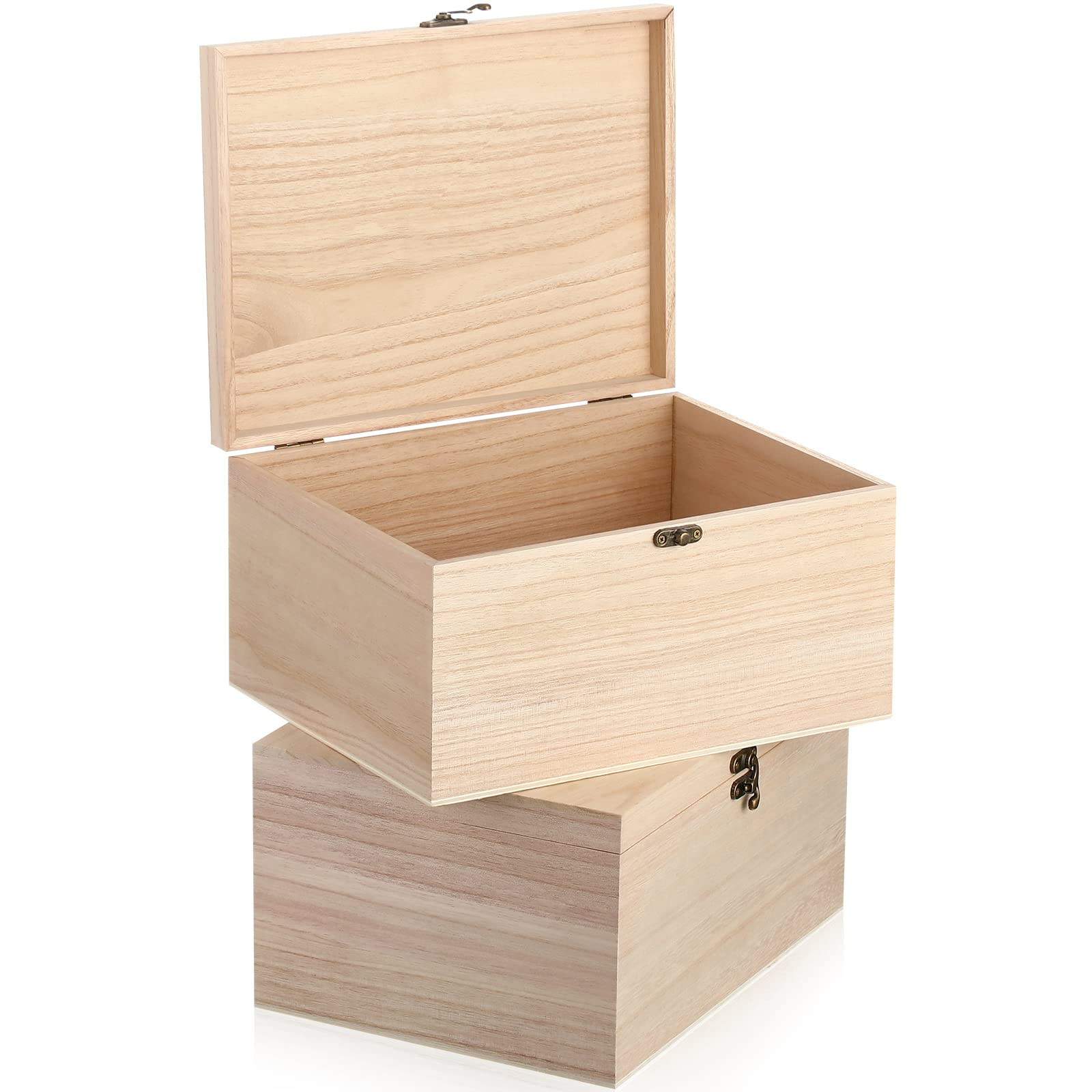 Yookeer 2 Pcs Large Unfinished Wooden Box with Hinged Lid and Front Clasp, Rectangle Unpainted Crafts DIY Wood Boxes Treasure Chest Stash Box for Art Gifts Jewelry Home Storage, 10.6x8.1x5.7 Inch | Amazon (US)