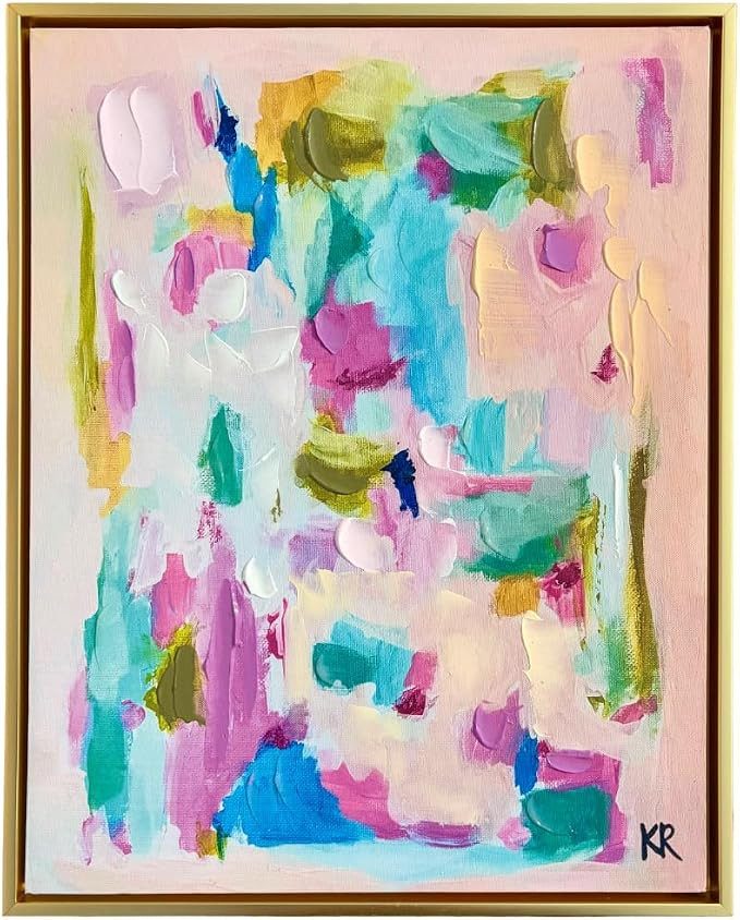 Framed Abstract Canvas Wall Art, Colorful Modern Painting in Gold Float Frame, Pink Blue and Gree... | Amazon (US)