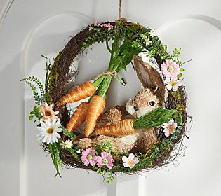 Willow Manor 15"" Sisal Bunny Wreath w/ Flowers and Carrots | QVC