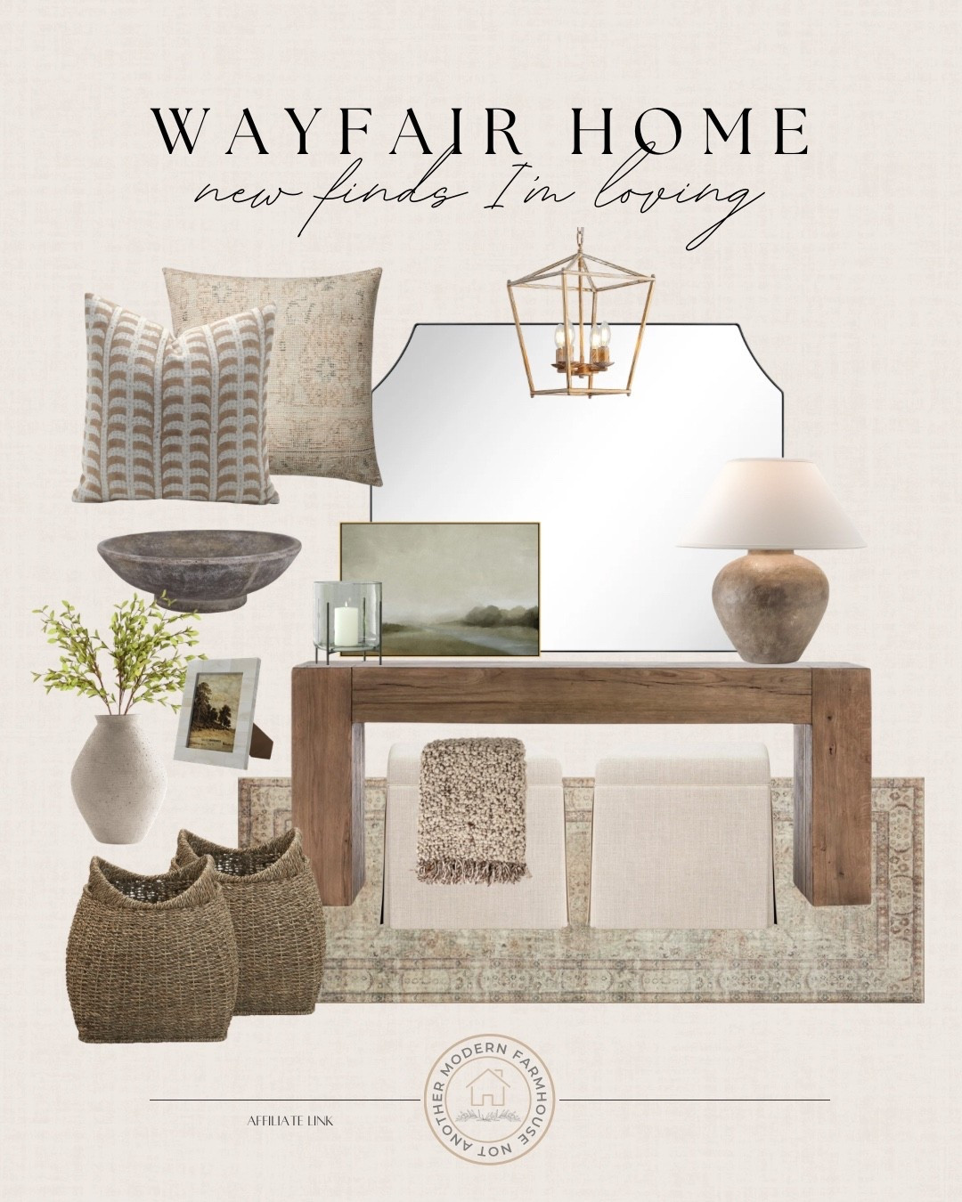 @Wayfair home finds I’m loving. 🤎 Warm wood tones, soft neutrals, and timeless textures. Designer-inspired pieces without the designer price.

Wayfair home finds, wayfair decor, neutral home decor, entryway styling, console table decor, wood console table, neutral area rug, woven storage baskets, decorative throw pillows, textured lumbar pillow, brass pendant light, table lamp neutral, ceramic vase decor, framed landscape art, warm neutral palette, modern traditional home, affordable home decor, new arrivals. 

 

#LTKHome