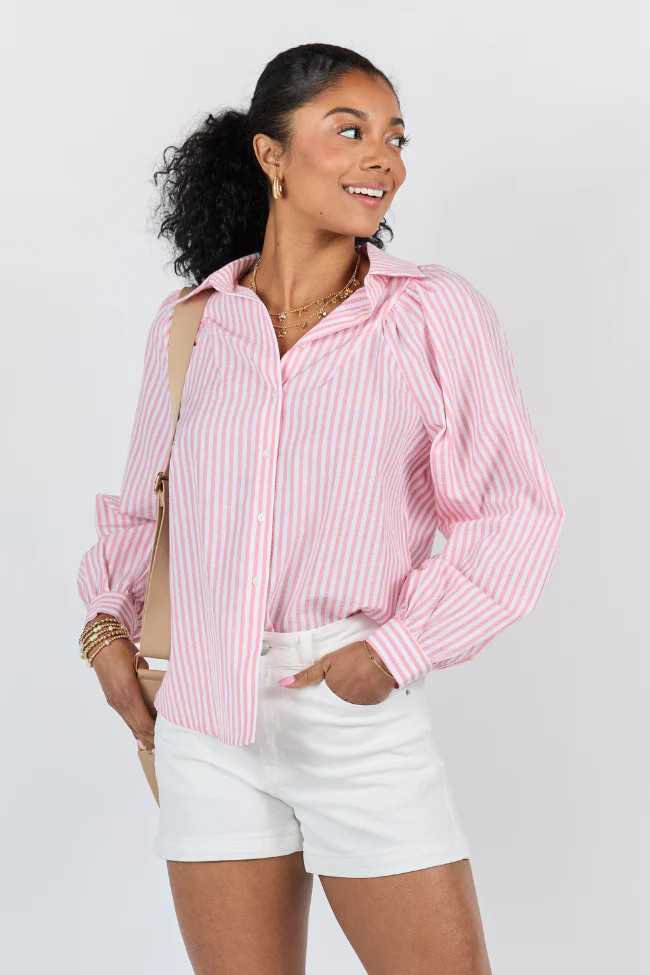 Here Lately Pink Striped Button Down Top FINAL SALE | Pink Lily