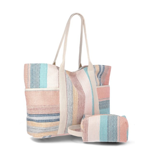 Time and Tru Women's Pocket Tote Handbag and Matching Pouch, Coral Multicolor Stripes | Walmart (US)
