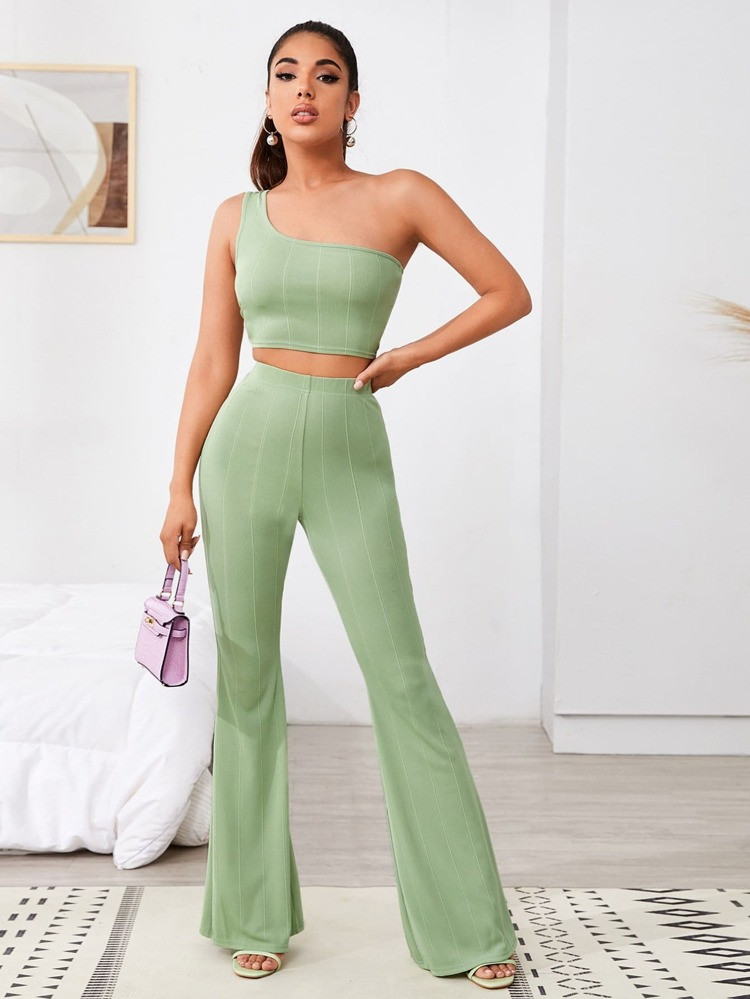 SHEIN Ribbed One-Shoulder Crop Top & Flare Pants Set | SHEIN