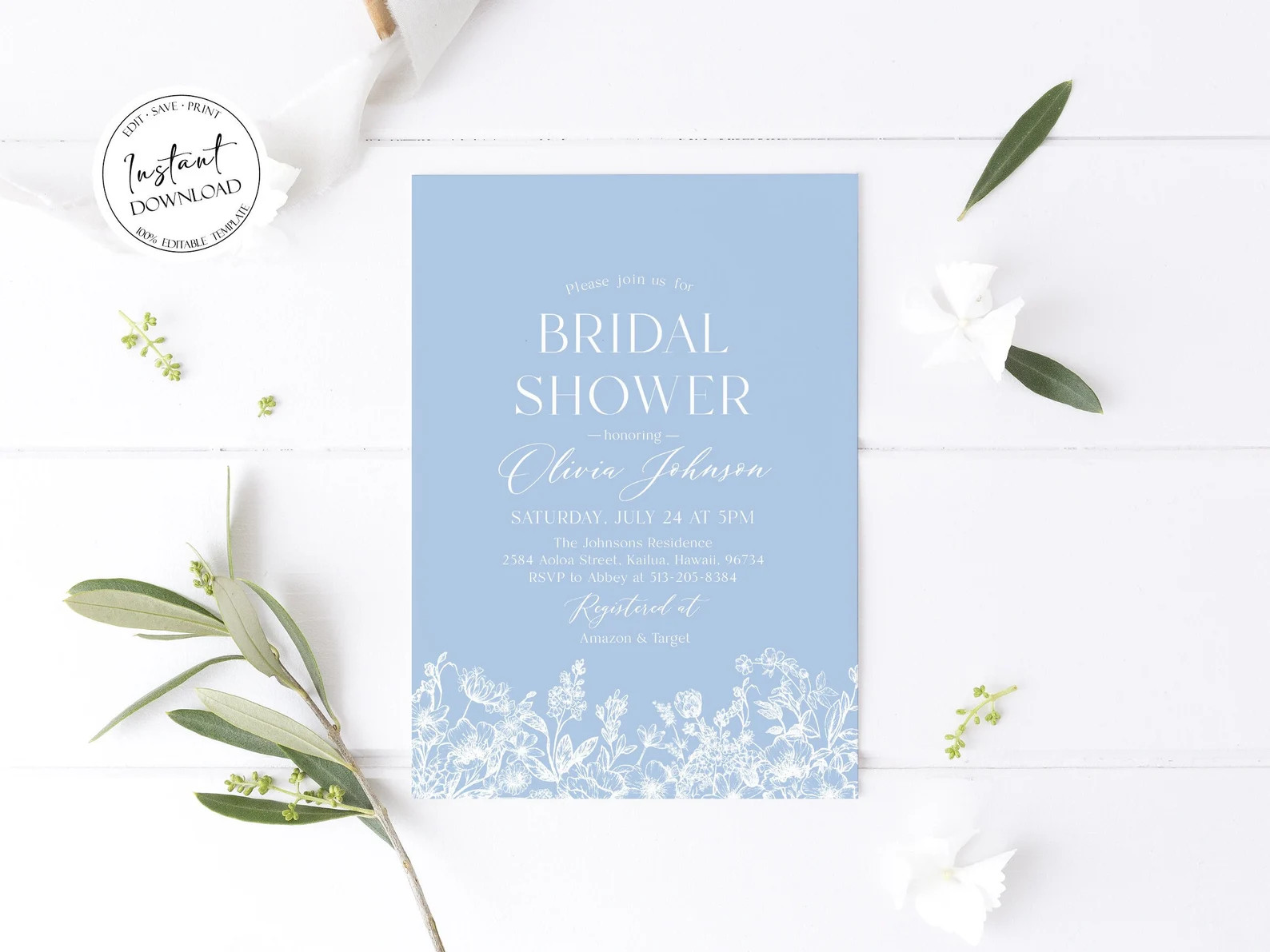Something Blue Bridal Invitation Template, Vintage Botanical Bridal Shower Invite, Blue Floral We... | Etsy (US)