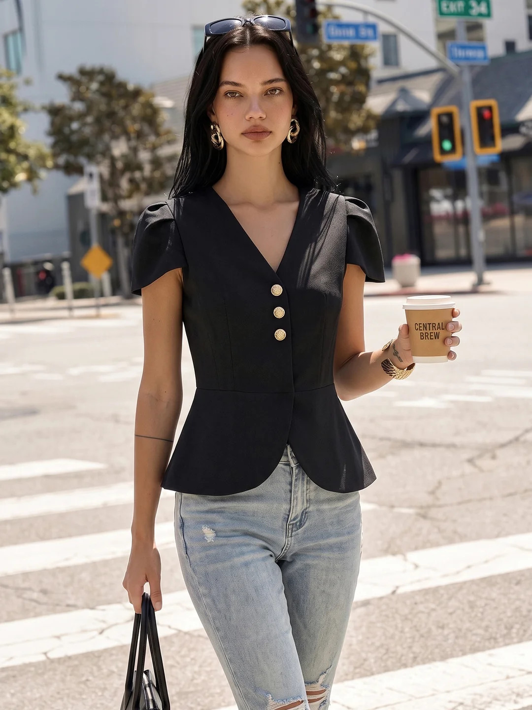 Puff Sleeve Peplum Metal Button Blouse | Commense