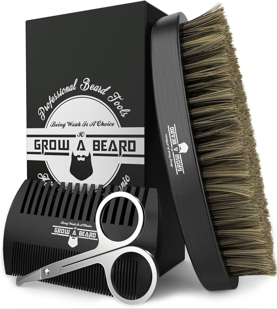 Beard Brush For Men & Beard Comb Set w/Mustache Scissors Grooming Kit, Natural Boar Bristle Brush... | Amazon (US)