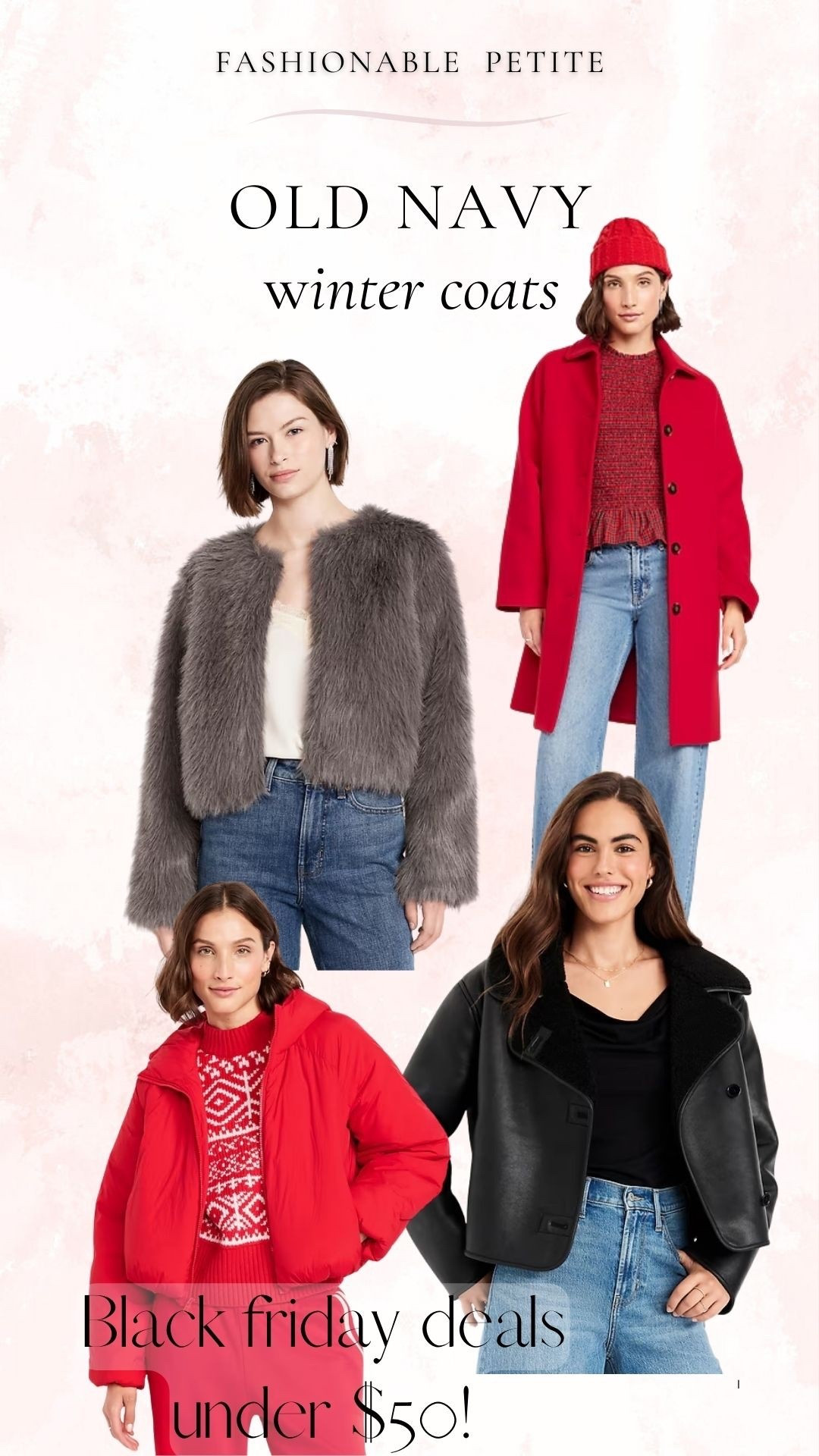 Black Friday at old navy! Jackets and coats under $50! 

Faux fur coat, winter coat, puffer coat, car coat 

#LTKSaleAlert #LTKHoliday #LTKCyberWeek