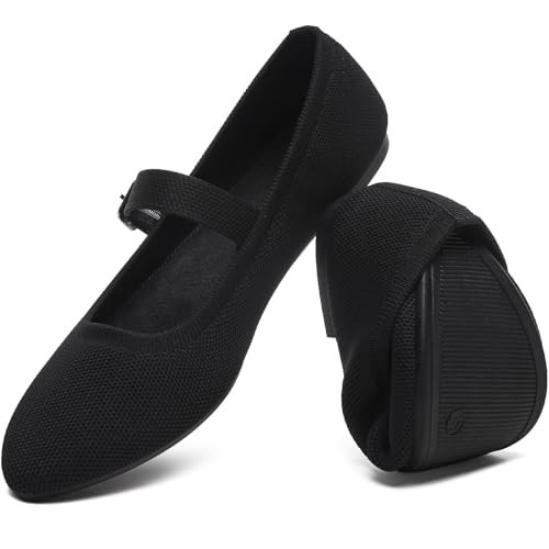 HEAWISH Women's Ballet Flat Shoes Mary Jane Pointed Toe Mesh Flats,Comfortable Slip on Ladies Shoe with Adjustable Strap,Casual Office Dress Flats for Work(Black,US10) | Amazon (US)