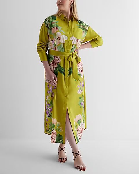 Satin Floral Boyfriend Portofino Maxi Shirt Dress | Express
