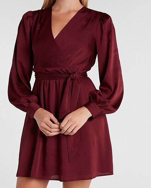 Satin Tie Waist Long Sleeve Mini Dress | Express