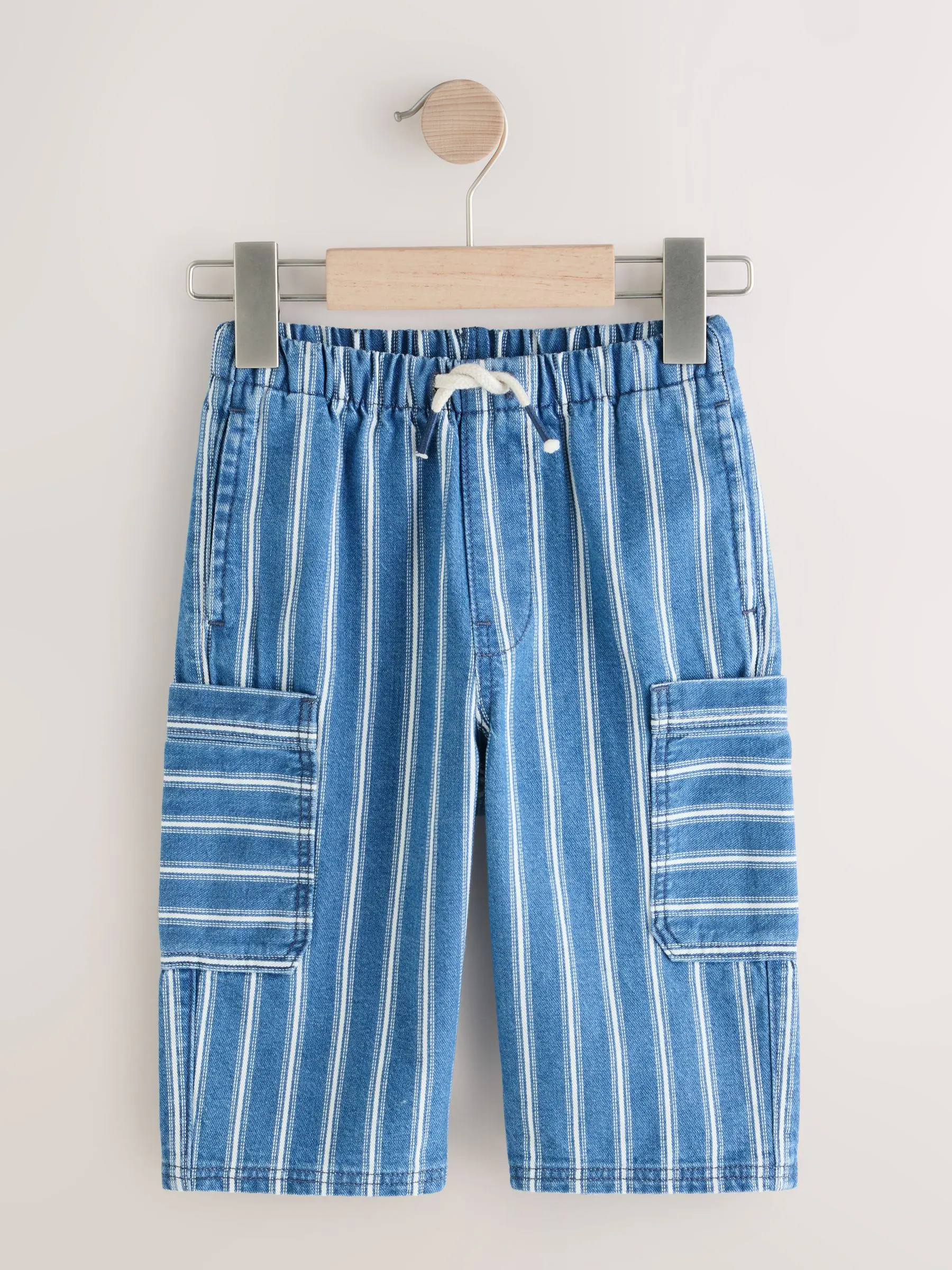 Next Mid Blue Stripe Wide Leg Pull On Cargo 100% Cotton Jeans (3mths-7yrs) | Next US