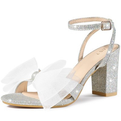 Perphy Women's Glitter Mesh Bow Chunky High Heel Slingback Ankle Strap Sandals 8.5 Silver | Target