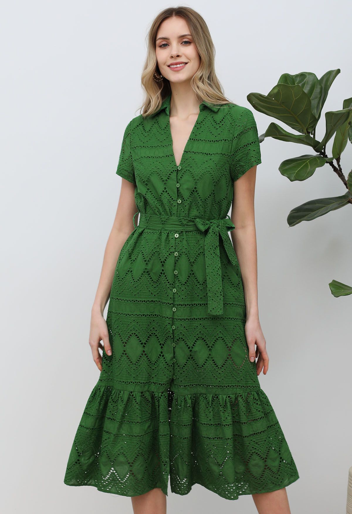 Greenery in Spring Embroidered Eyelet Frilling Dress | Chicwish
