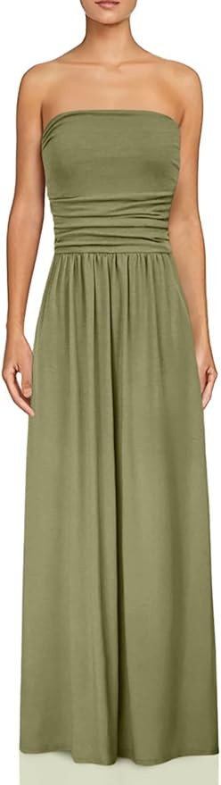 GRACE KARIN Women Strapless Casual Loose Ruched Long Maxi Dress with Pockets | Amazon (US)