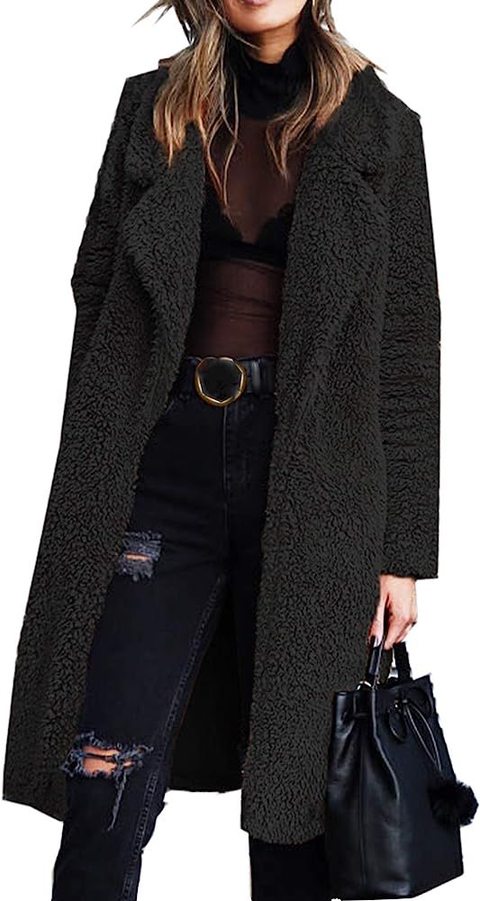 Women's Fuzzy Fleece Lapel Open Front Long Cardigan Coat Faux Fur Warm Winter Outwear Jackets wit... | Amazon (US)