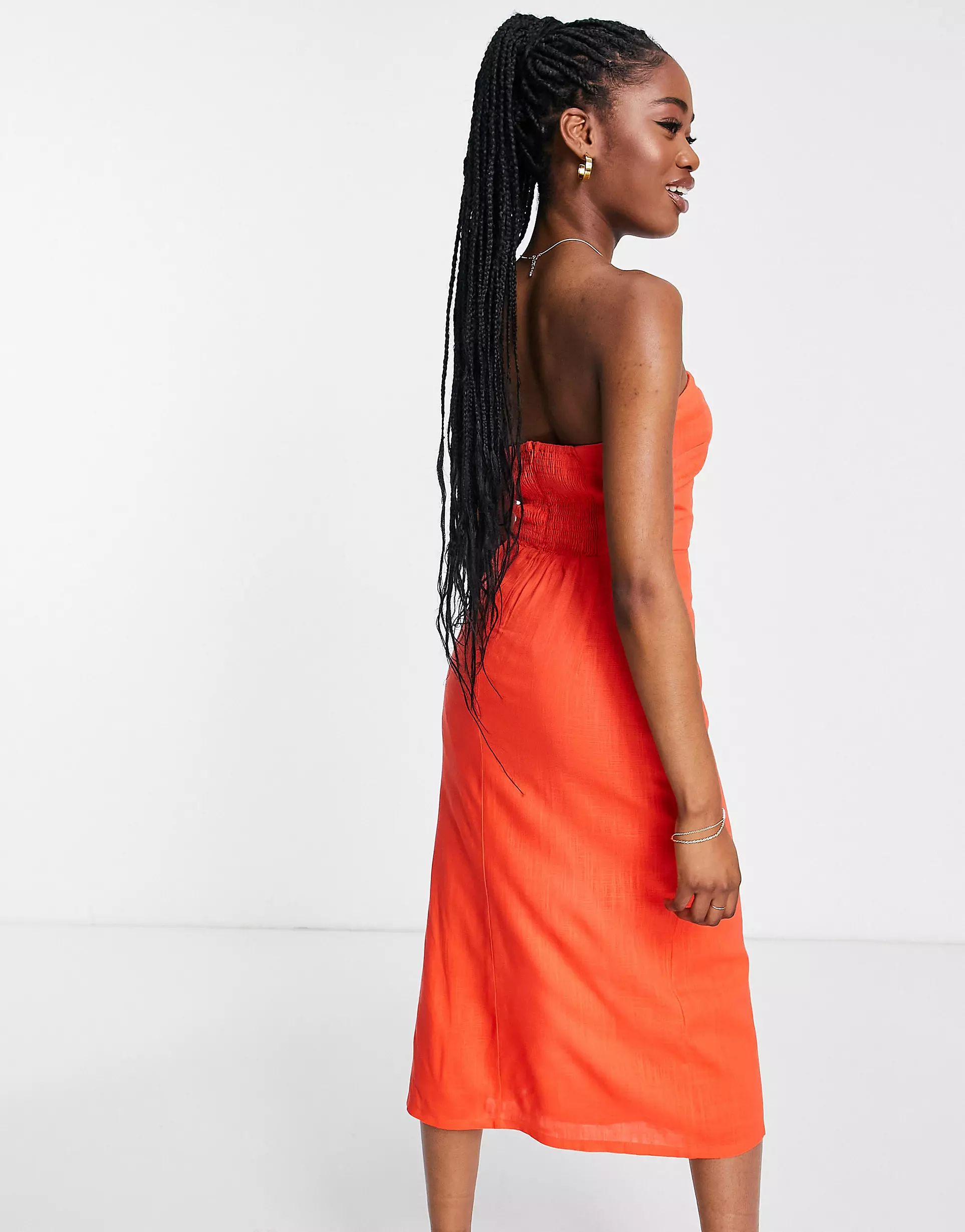 SNDYS linen midi dress with thigh split in tangerine | ASOS (Global)