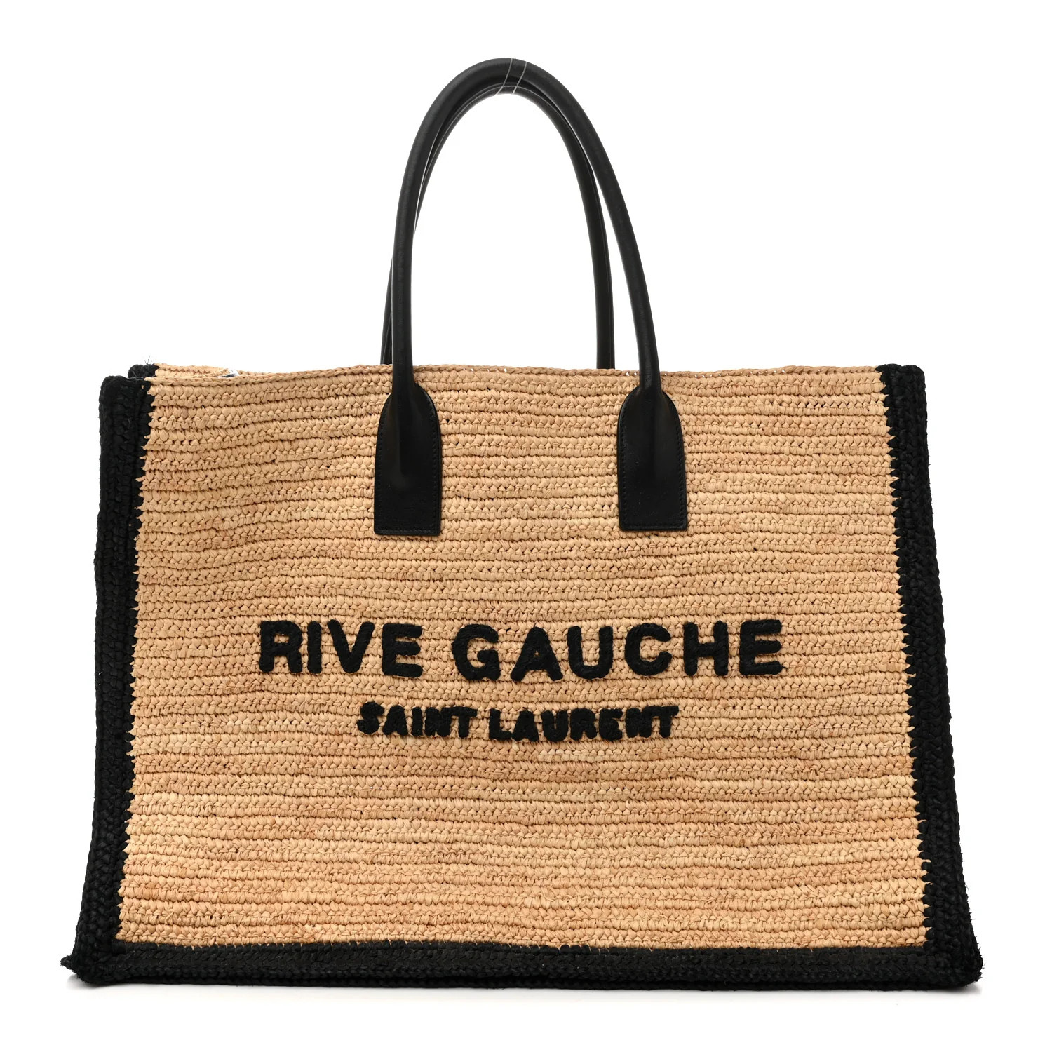 Raffia Calfskin Rive Gauche Tote Naturale Black | FASHIONPHILE (US)
