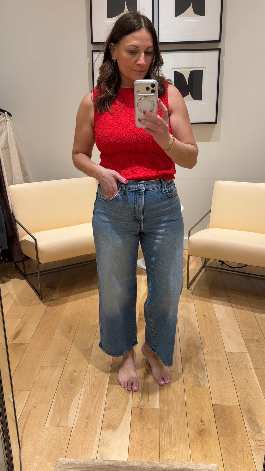Great wide leg jeans with cute smocked red top.  Wearing a size 30 in jeans.   

#LTKSaleAlert #LTKOver40 #LTKMidsize