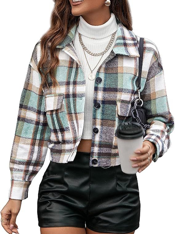SCUSTY Women's Fall Fashion Cropped Flannel Shirt Jacket Plaid Shacket | Amazon (US)