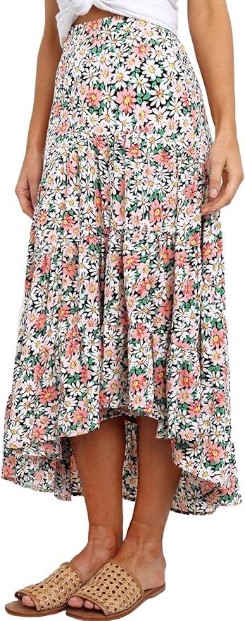 PRETTYGARDEN Women's Ditzy Floral Midi Boho Elastic High Waist Skirt | Amazon (US)