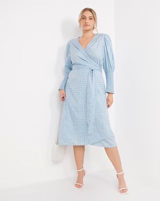 Blue Rainbow Foil Wrap Midi Dress With Shirred Sleeve | Simply Be (UK)