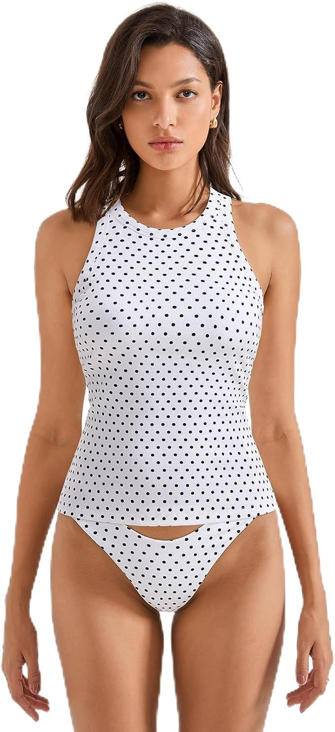 SUUKSESS Women Padded Cotton Ribbed Tank Tops High Neck Racerback Basic Tops | Amazon (US)