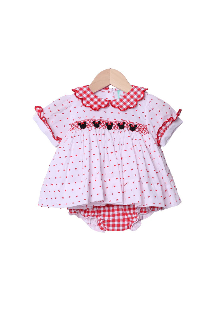 Smocked Mouse Red Gingham Swiss Dot Bloomer Set | The Smocked Flamingo