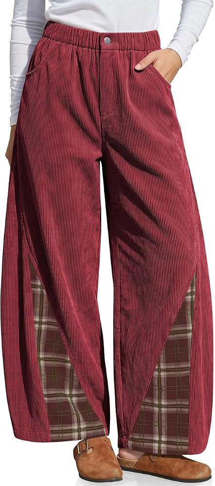 TARSE Womens Corduroy Wide Leg Barrel Plaid Patchwork Pants | Amazon (US)
