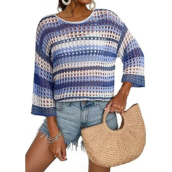 Dokotoo Womens Spring Summer 3/4 Sleeve Crochet Sweater Hollow Out Color Block Striped Tops Casua... | Amazon (US)