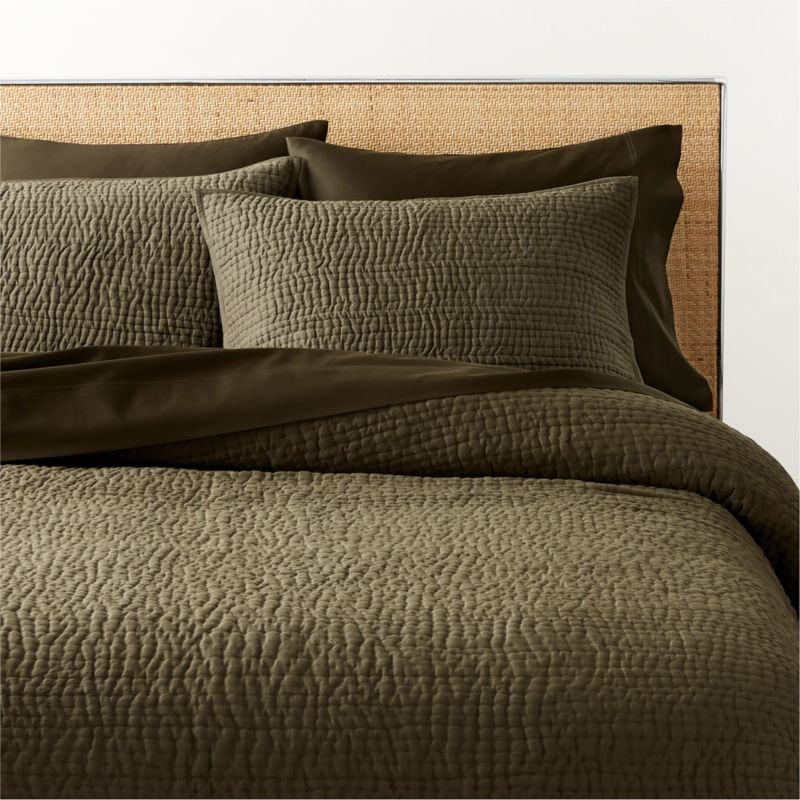 Stitched Organic Cotton Sateen Dark Green Full/Queen Quilt | CB2