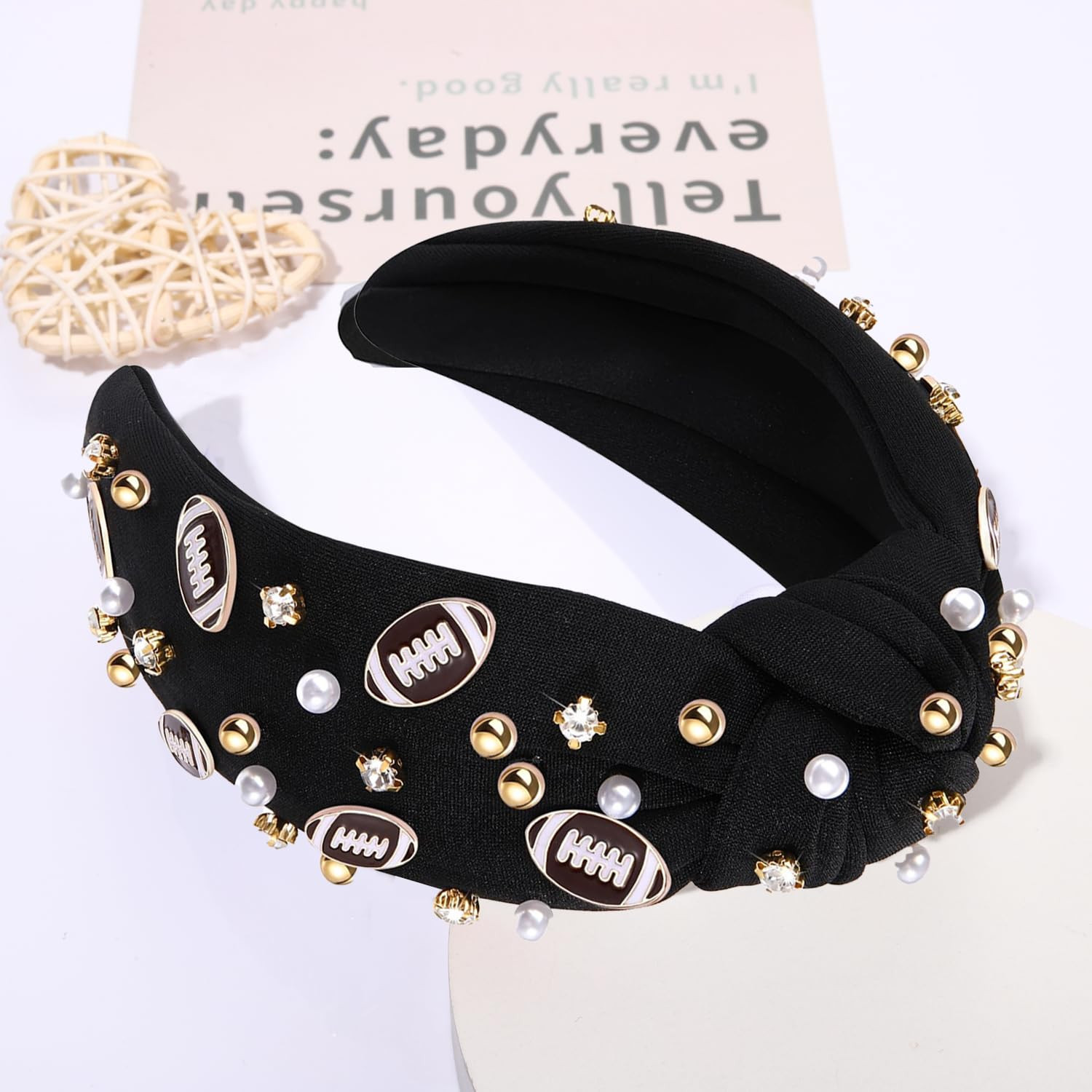 utosday Football Headband for Women Pearl Rhinestone Jeweled Knotted Headband, 2pcs Fun Sports Ha... | Amazon (US)
