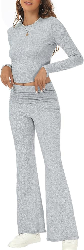 Lounge Sets for Women 2 Piece Long Sleeve Cropped Top and Fold-Over Flare Pants Slim Fit Comfy Pa... | Amazon (US)