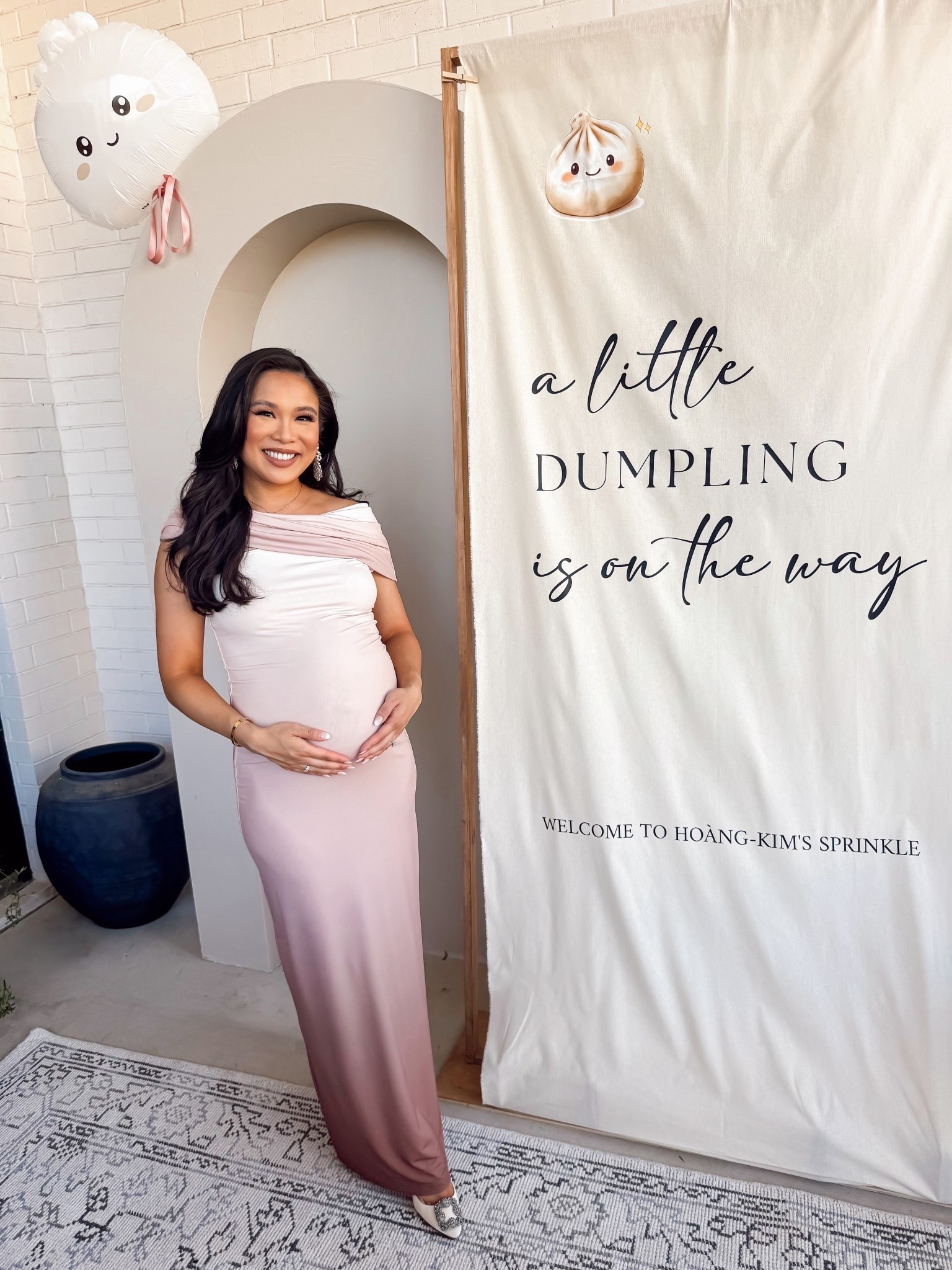 Baby shower dress and details! Love this ombré dress and I sized up to a medium to make it bump friendly. It’s so comfortable and stretchy. Would be a good black tie or formal dress
