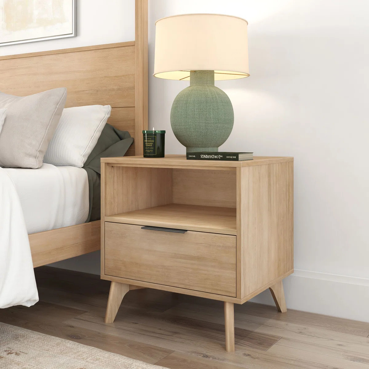 Haven 1 Drawer & Cubby Nightstand, Blonde with Black Handle | Wayfair North America