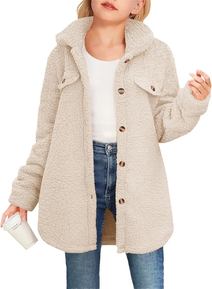 Haloumoning Girls Fuzzy Fleece Jacket Casual Button Down Sherpa Overcoat Faux Fur Jackets Outwear... | Amazon (US)