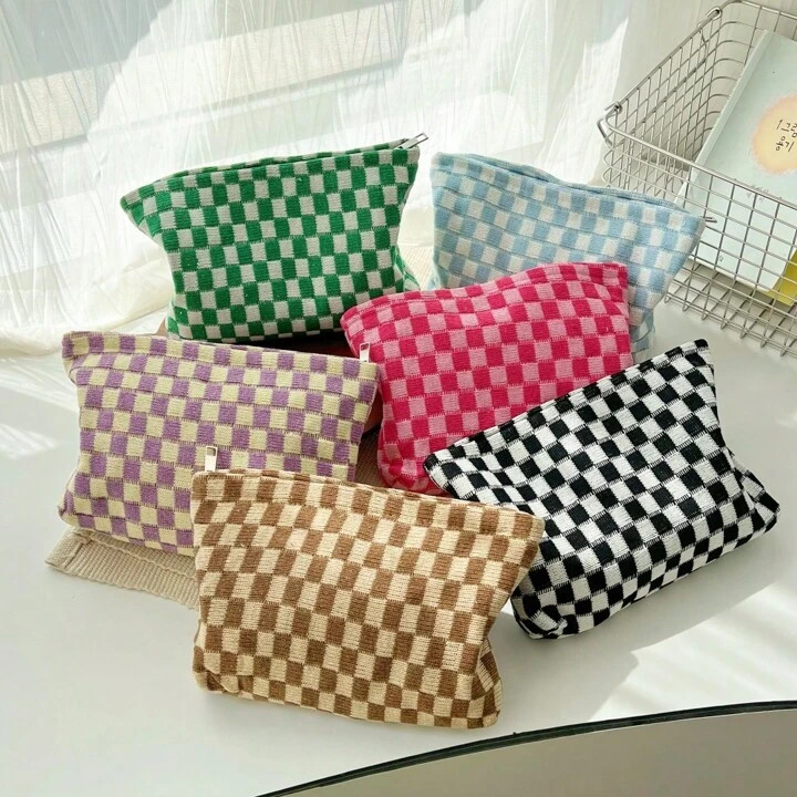 1Pc Makeup Bag Checker Cosmetic Bag Chessboard Grid Pink,Green Women Bags For Make Up Blue , Blac... | SHEIN