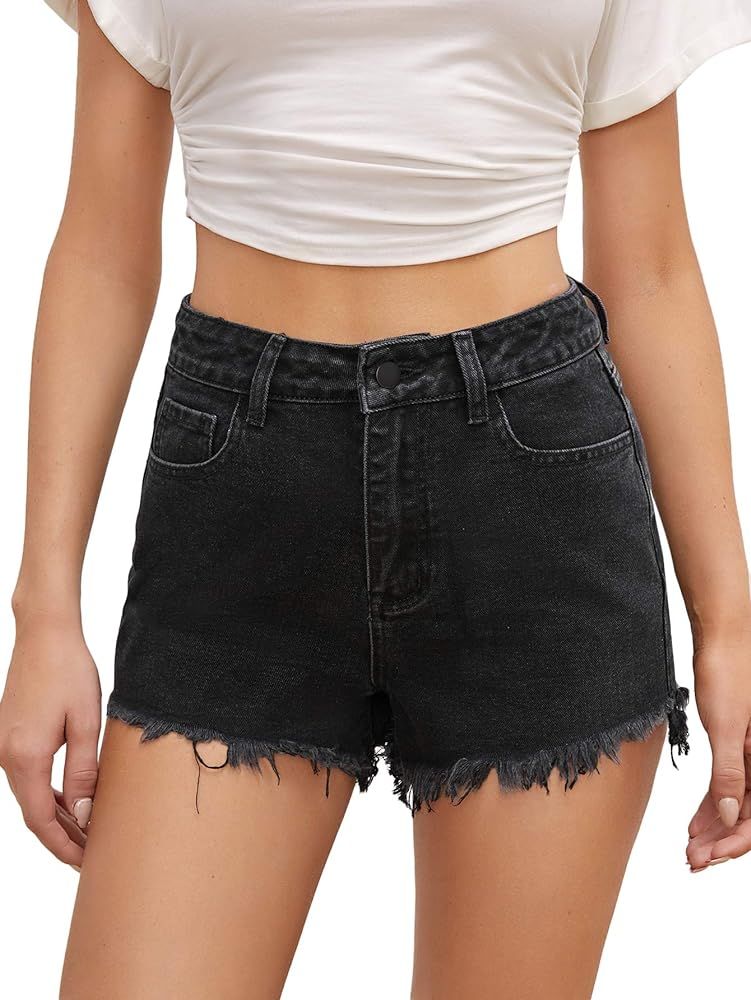 SweatyRocks Women's Mid Rise Jeans Shorts Rolled Hem Ripped Denim Shorts | Amazon (US)