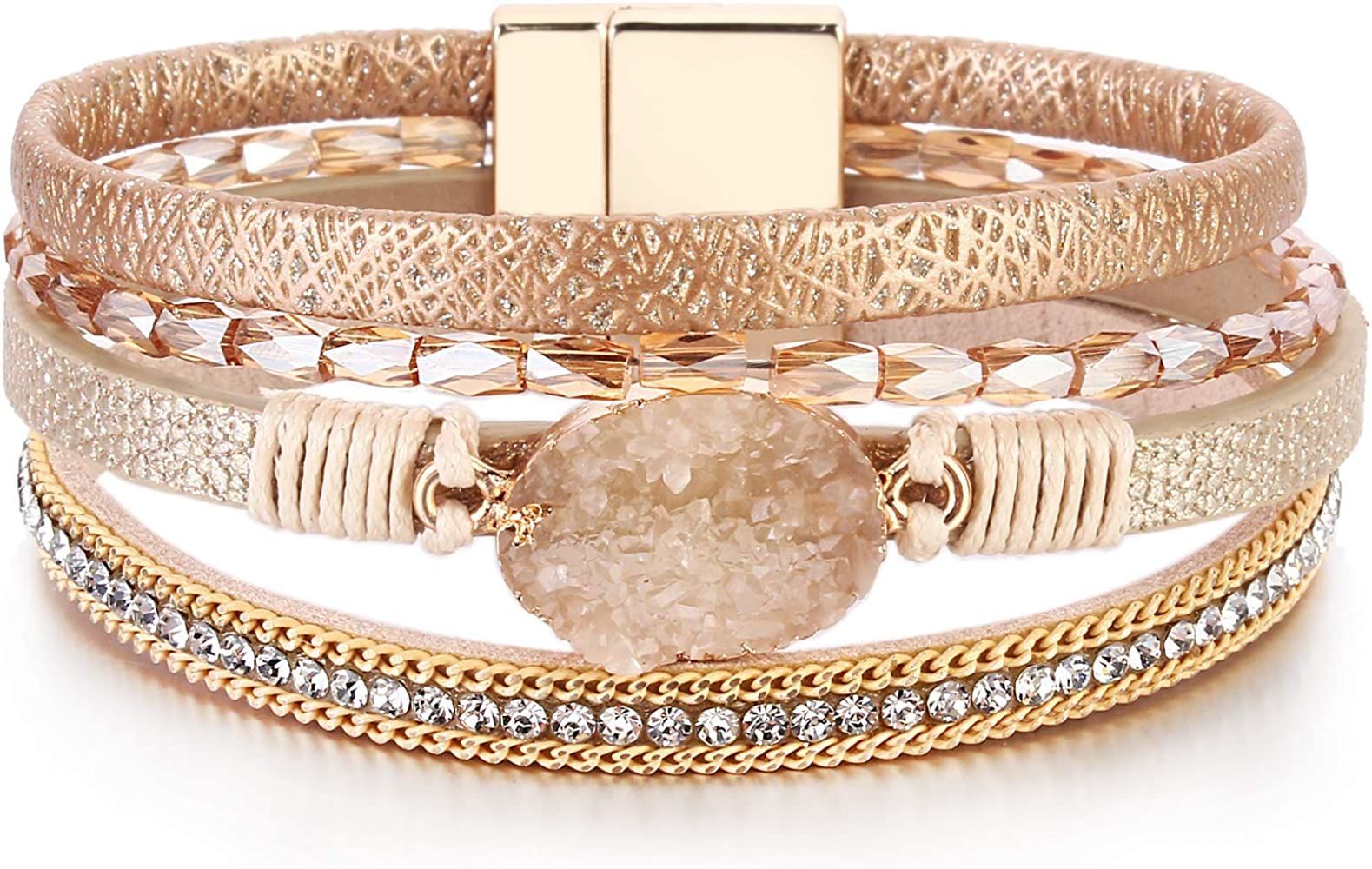 FANCY SHINY Boho Leather Wrap Bracelets Bohemian Crystal Bracelets Trendy Layered Bracelet with M... | Amazon (US)