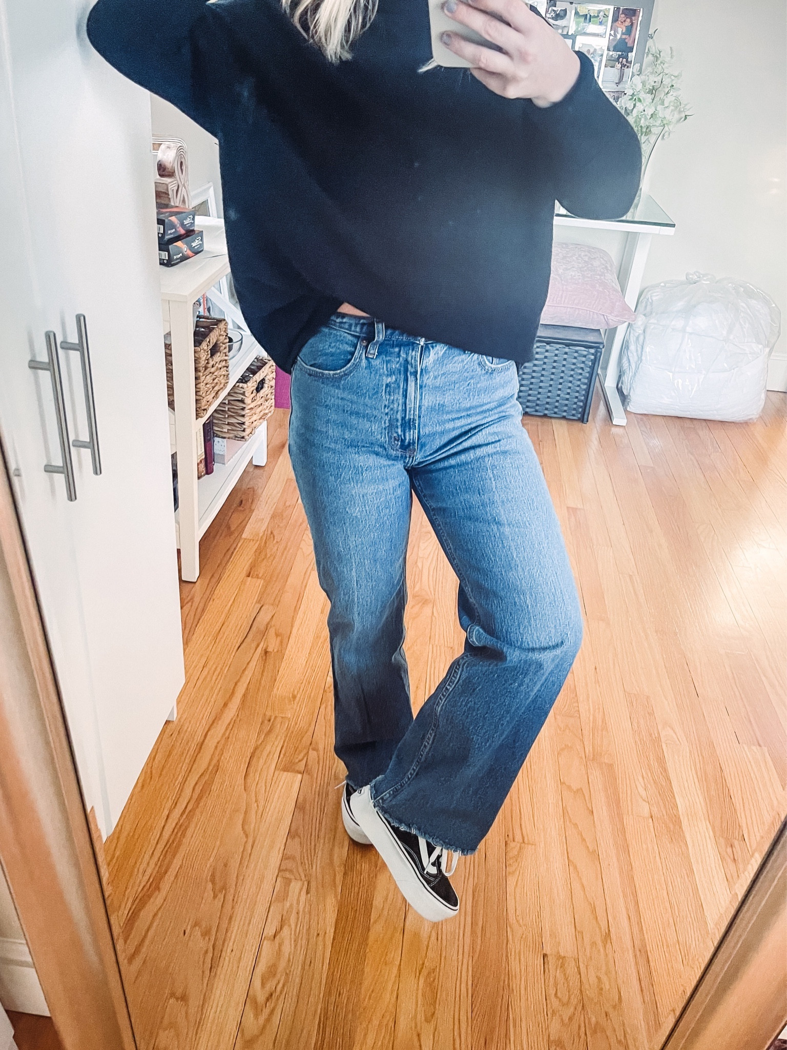 Abercrombie 90s relaxed fit denim in medium wash with raw hem. This wash is beautiful esp in person! Wearing 26 short- very flattering! 
Vans old skool platform sneaker. Suede/canvas is very comfortable! 
Black tunic sweater. Wearing S tucked in. 
Casual winter outfit and transition into spring! 

#LTKSeasonal #LTKshoecrush #LTKSpringSale