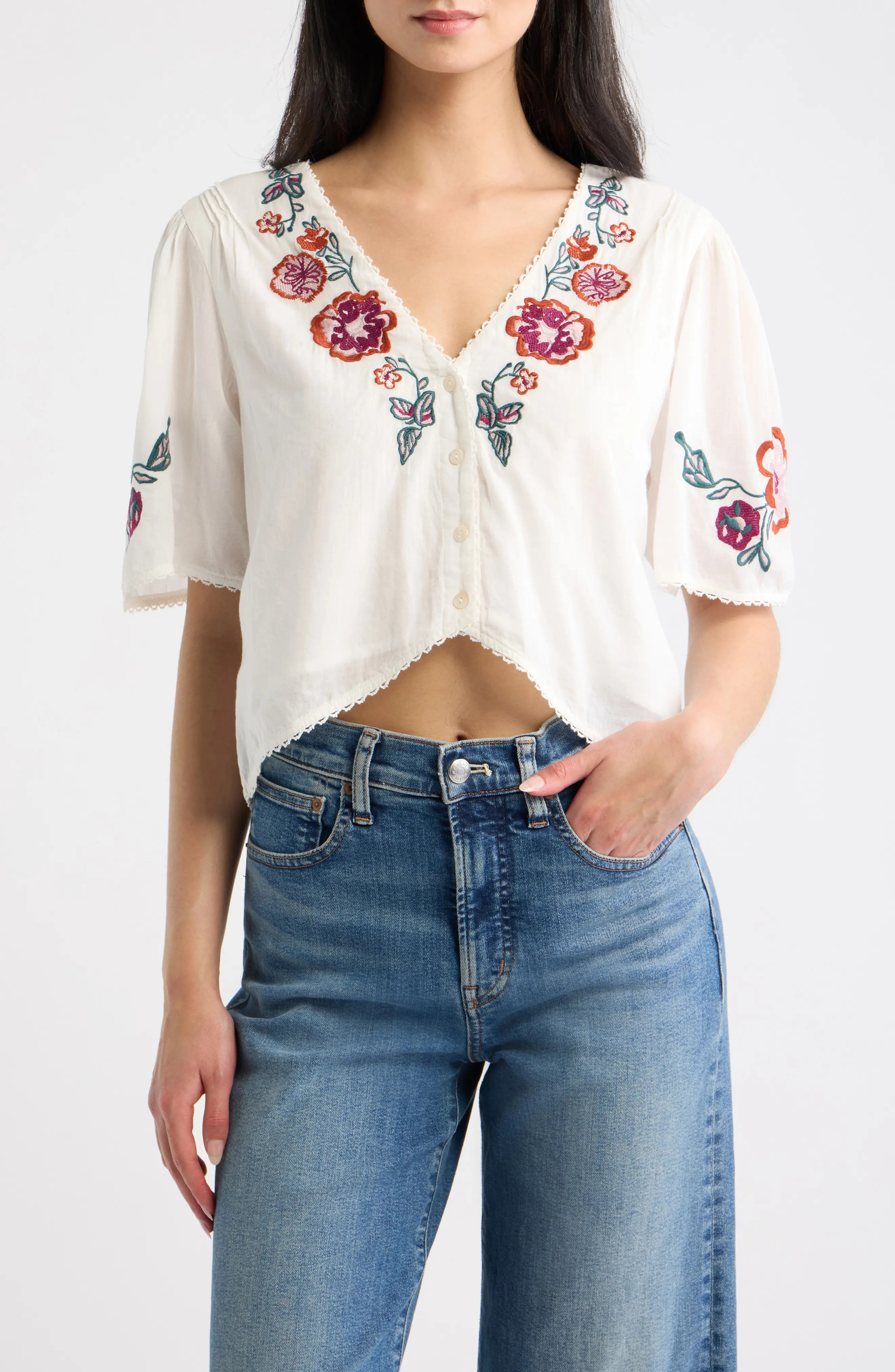 Cleobella Brett Crop Embroidered Cotton Top in Ivory at Nordstrom, Size Medium | Nordstrom