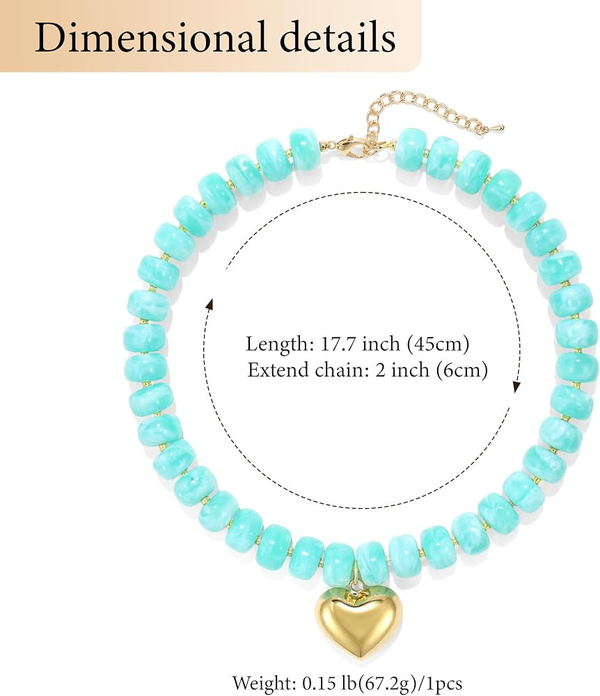 Chunky Heart Necklace for Women, Colorful Acrylic Beaded Statement Puff Heart Necklace, Cute Boho... | Amazon (US)