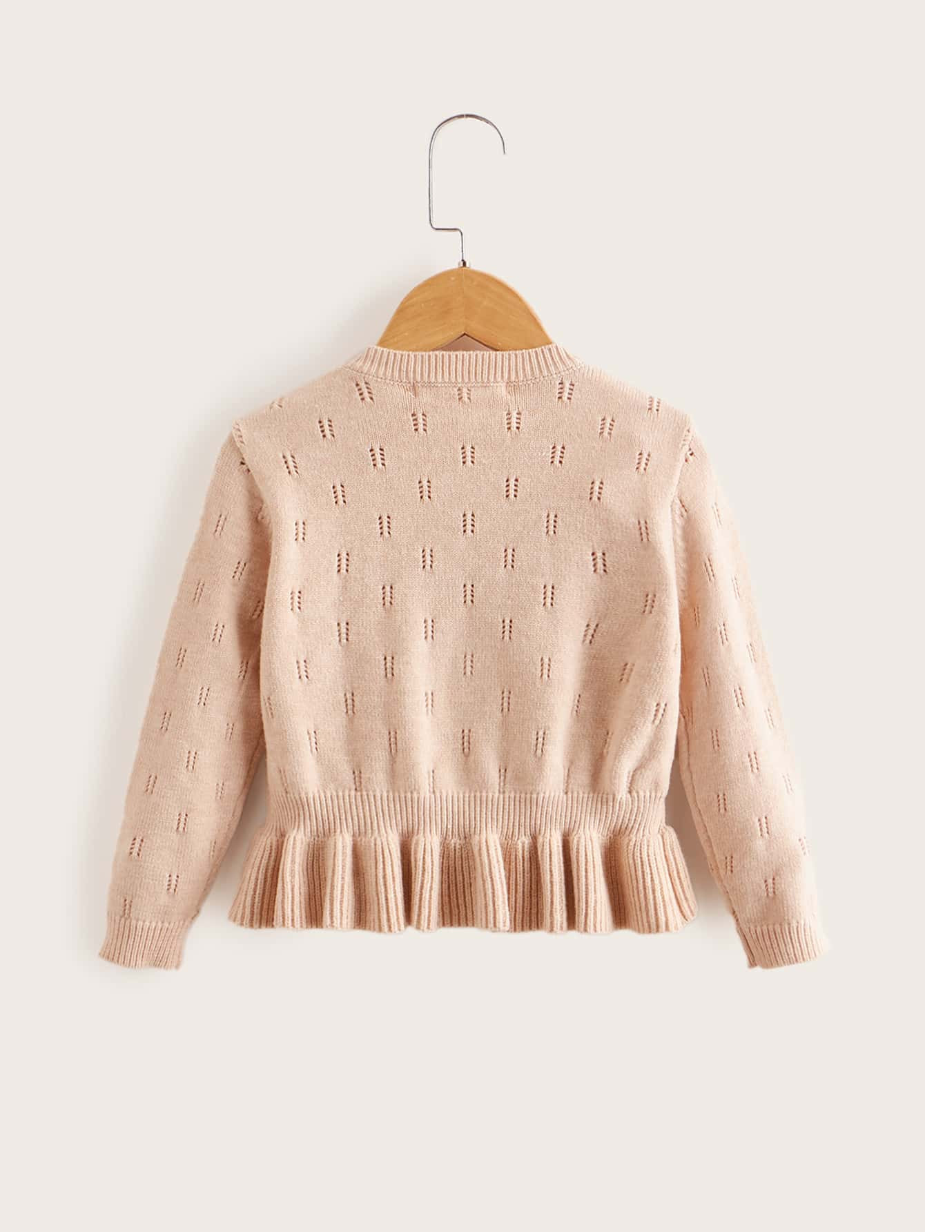 SHEIN Toddler Girls Pointelle Knit Single Breasted Ruffle Hem Cardigan | SHEIN