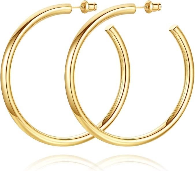 Howoo 14K Gold Plated Chunky Gold Hoops High Polished Gold Hoop Earrings for Women | Amazon (US)