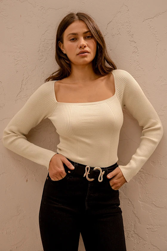 Keep it Confident Cream Ribbed Square Neck Sweater Top | Lulus (US)
