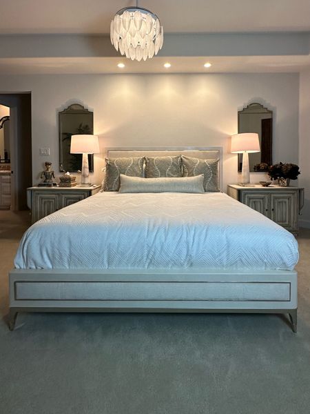 Master Guest Bedroom Makeover. 
Mirrors @ballarddesigns
Bed @wayfair
Bedding @hotelcollection
Pillows @littledesigncompany. 
Comforter, Lamps, fandelier @homedepot 

#LTKhome #LTKstyletip